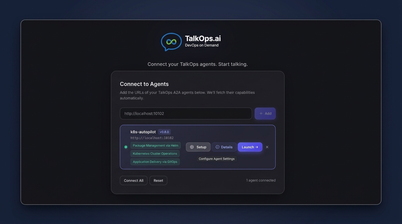 Agent connected — click Setup for first-time configuration, or Launch to start chatting
