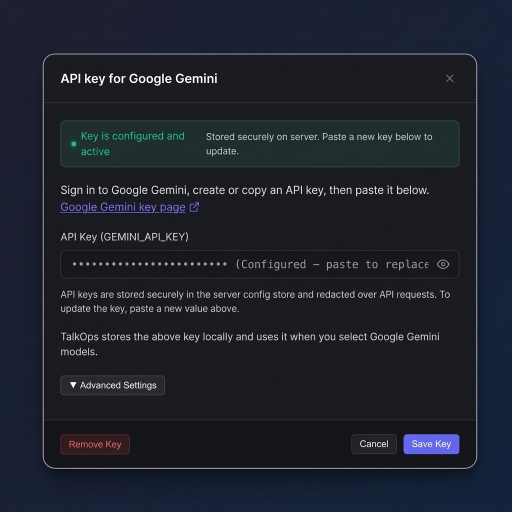 API key dialog — paste your key, view status, and access advanced settings
