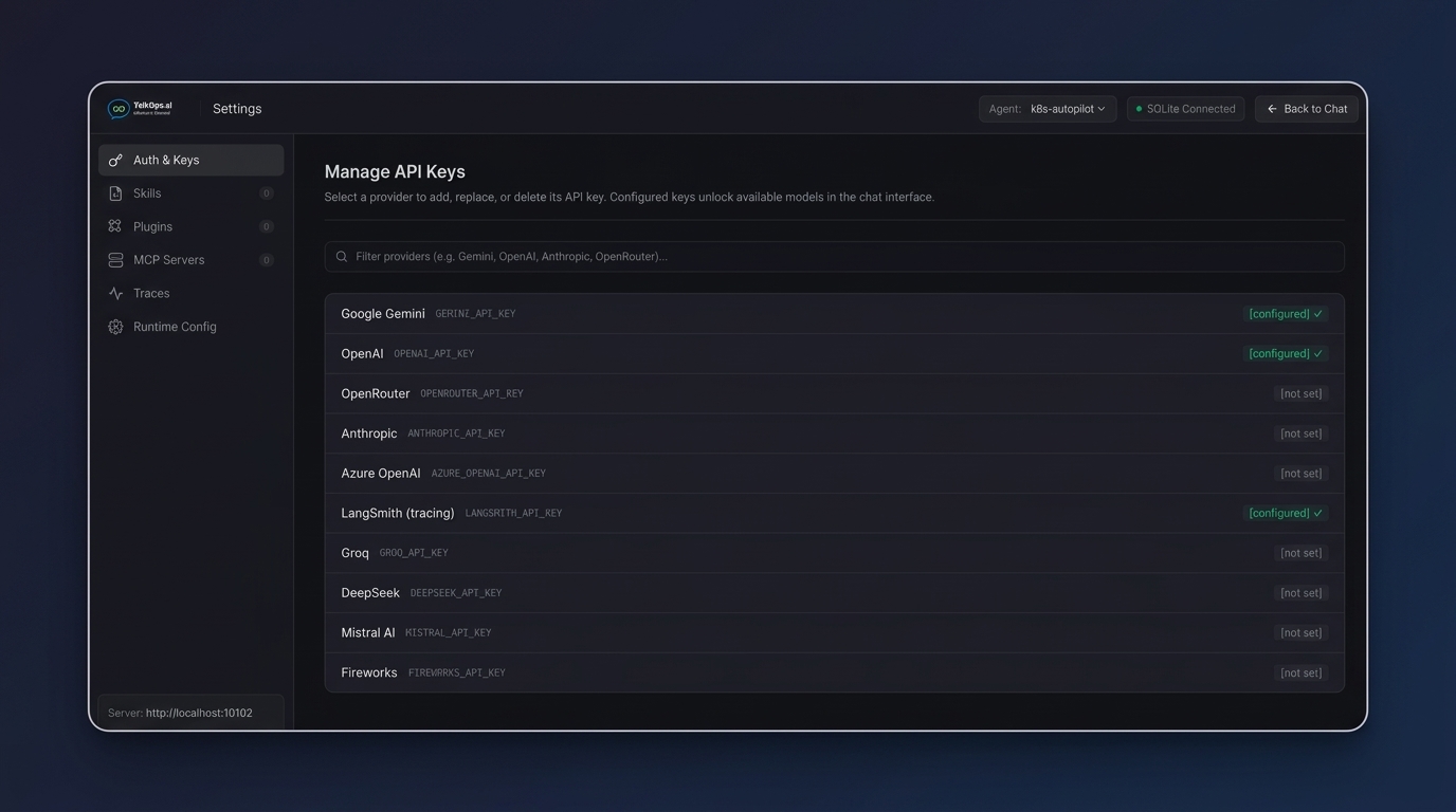 Settings — Auth & Keys page showing all supported providers