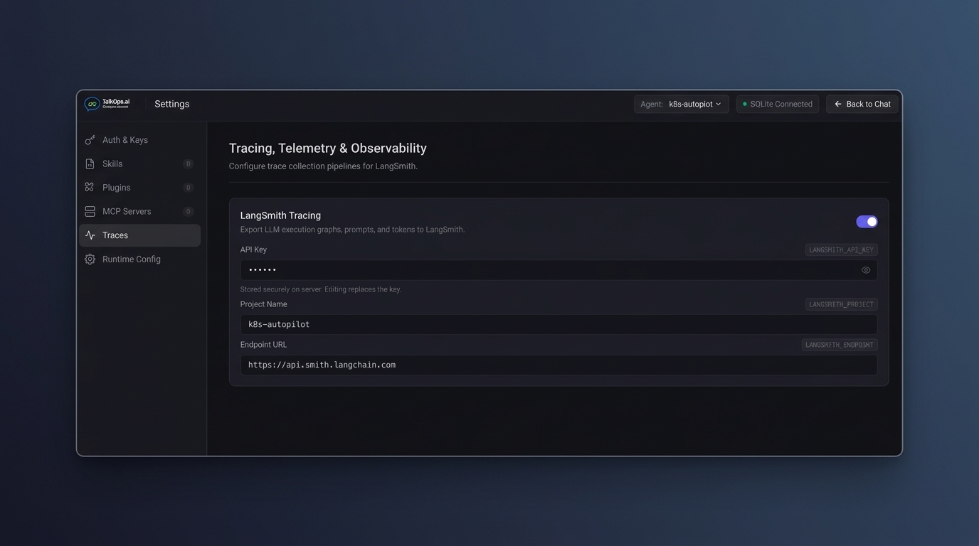Traces — LangSmith tracing configuration with API key, project name, and endpoint