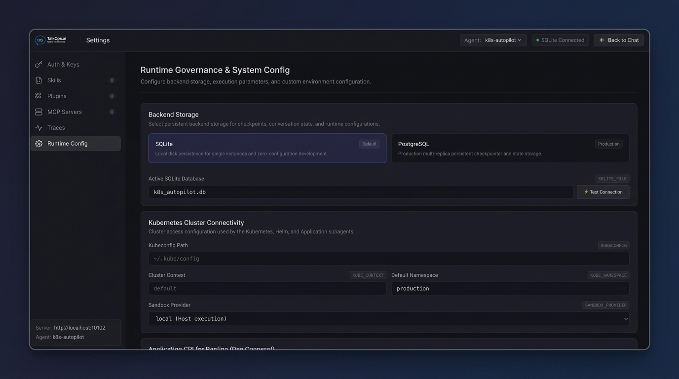 Runtime Config — backend storage, cluster connectivity, and system settings