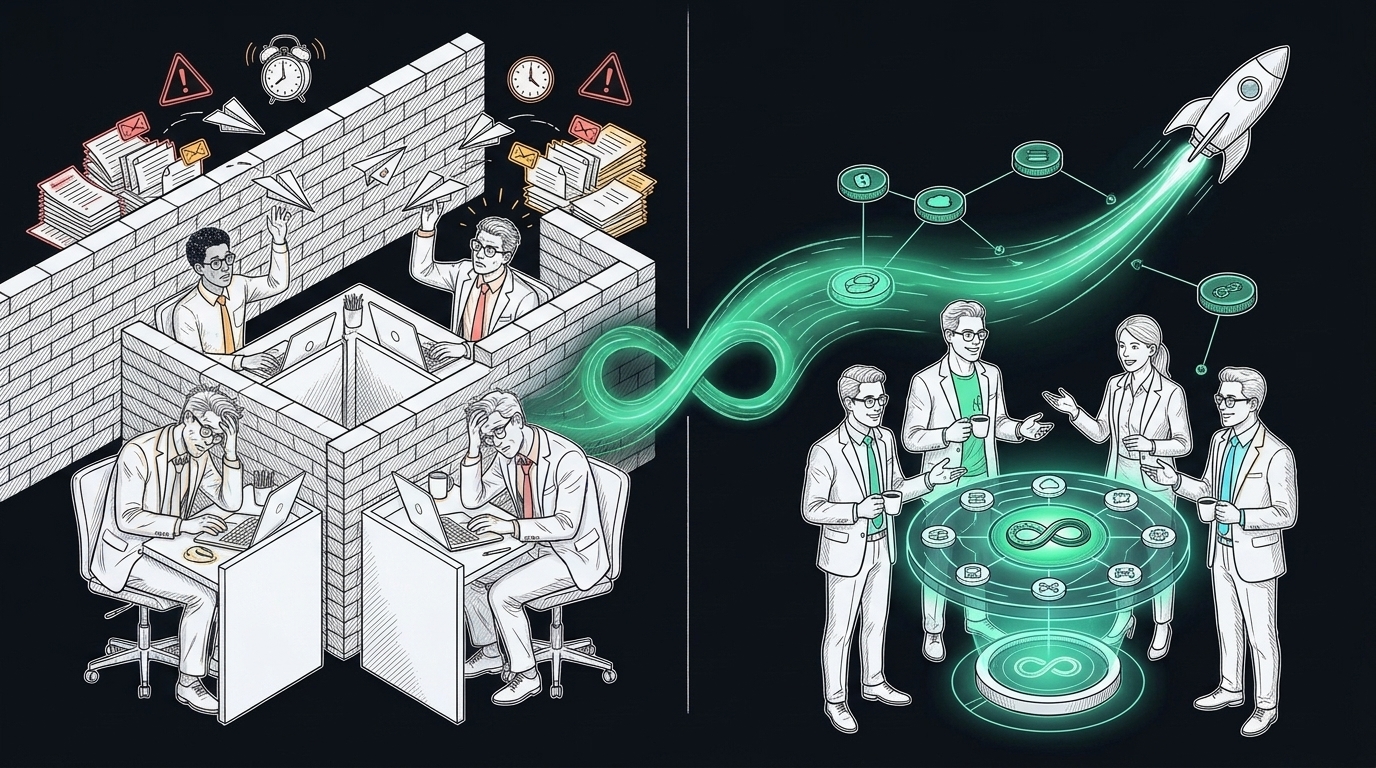 Editorial pen-and-ink storyboard showing enterprise specialists divided by tall brick silo walls tossing paper tickets transforming via TalkOps into a unified team around a shared holographic context graph