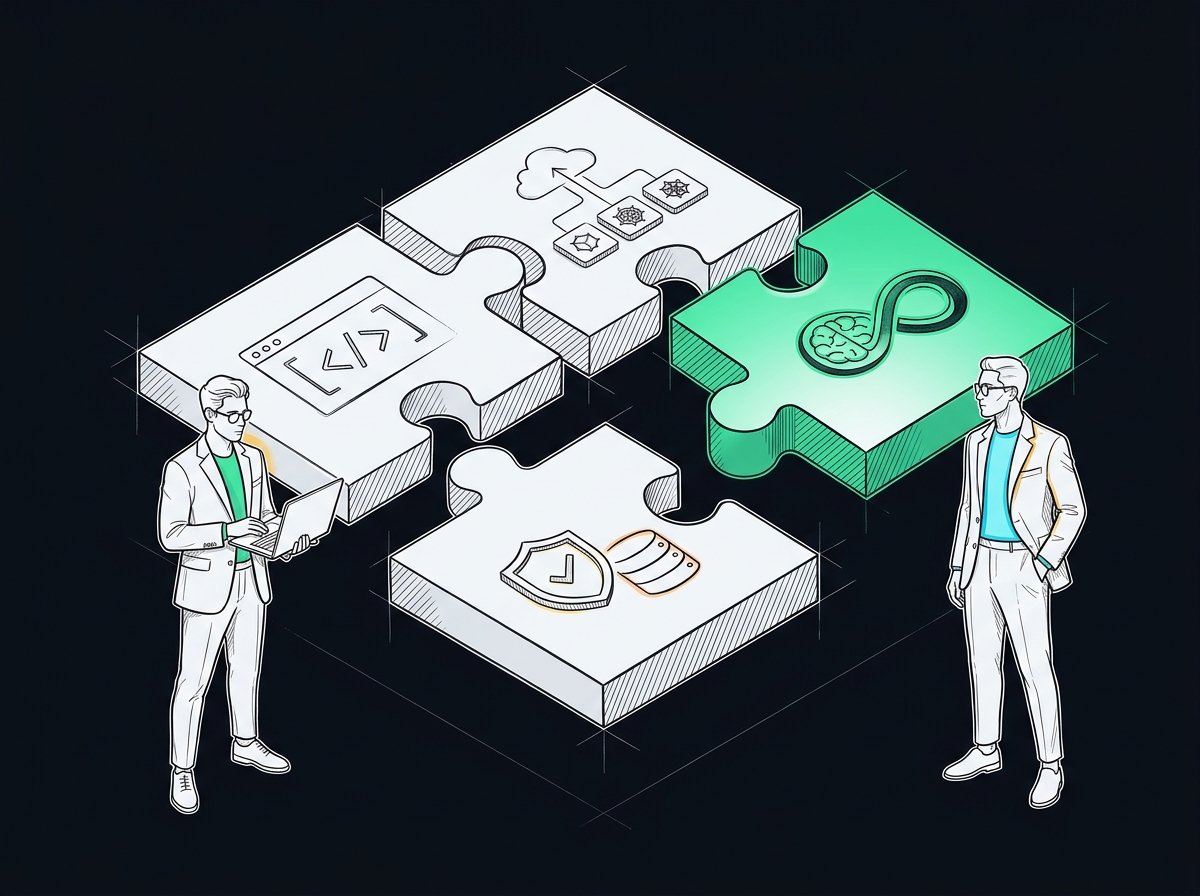 Editorial architectural pen-and-ink illustration of 4 interlocking 3D isometric puzzle slabs: AI Code IDE, Cloud & Kubernetes, Security & Database, and the glowing emerald TalkOps Brain