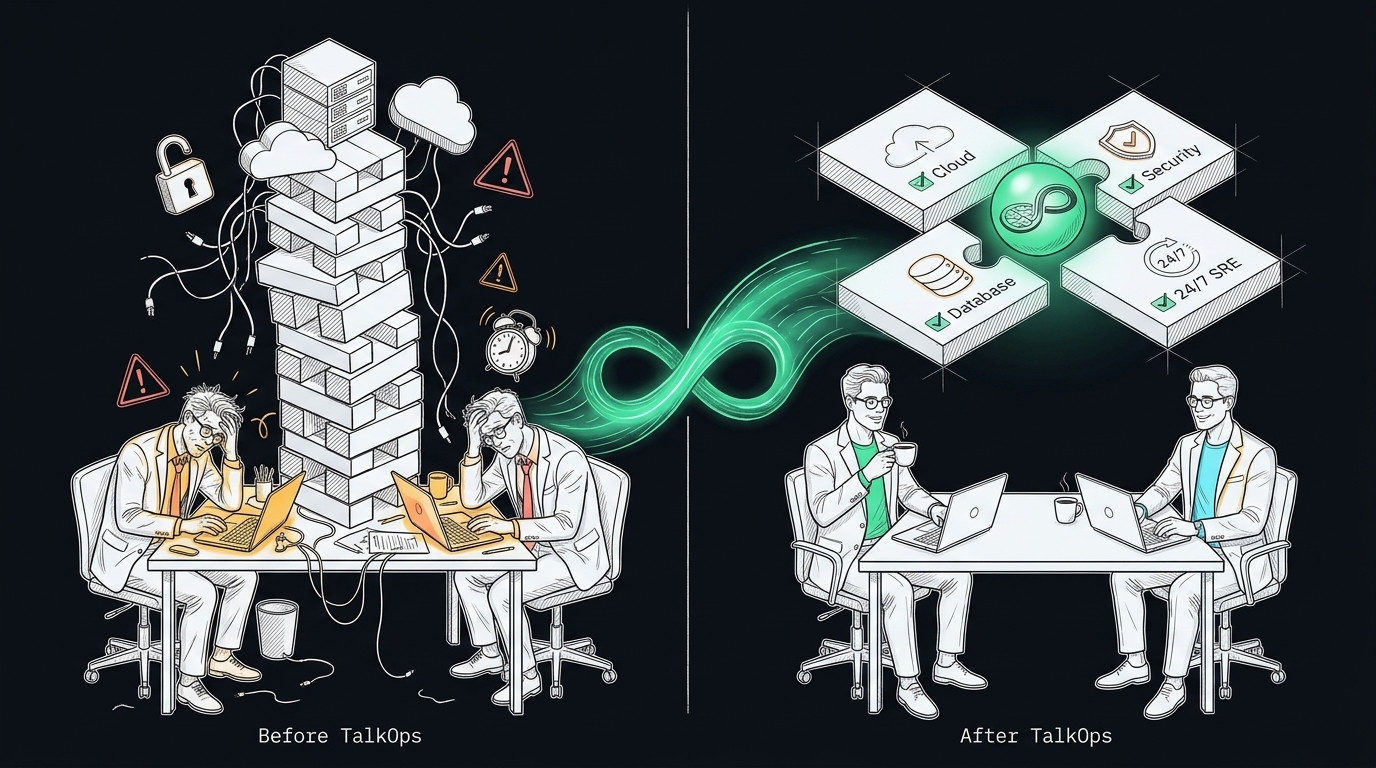 Editorial pen-and-ink storyboard showing two stressed startup engineers beside a precarious 8-block infrastructure tower transforming via TalkOps into a calm team with 4 interlocked Cloud, Security, Database, and 24/7 SRE blueprints